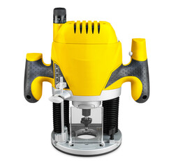 yellow electric wood router machine with cutter bit isolated white background. carpentry...