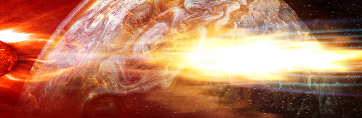 Meteorite flies above the Jupiter in outer space. Elements of this image furnished by NASA.