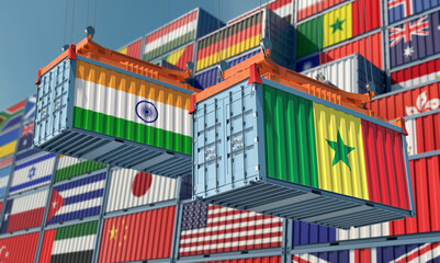 Freight containers with Senegal and India flag. 3D Rendering 