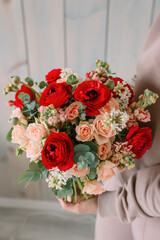 Bridal bouquet for the wedding for newlyweds of roses peonies and lilacs