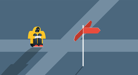 Confusion and disorder psychological concept - man in yellow raincoat sitting at crossroads and looking to signpost with different opposite directions - thematical metaphoric illustration