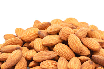Almonds nuts isolated on white background, Health food with good fats and down aging, Antioxidants and lower cholesterol levels, Selective focus.