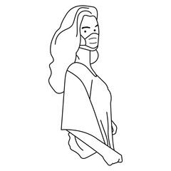 woman wear mask and do pose side view outline vector illustration 