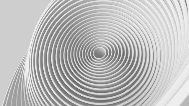 3d render of concentric circles shapes chaotically twisted. Abstract bright background with tubes geometry. Loopable animation.