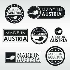 Stamps of Made in Austria Set. Austrian Product Emblem Design. Export Vector Map.