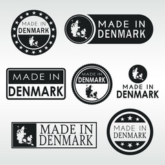 Stamps of Made in Denmark Set. Danish Product Emblem Design. Export Vector Map.