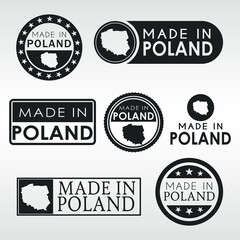 Stamps of Made in Poland Set. Polish Product Emblem Design. Export Vector Map.