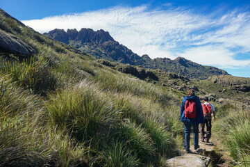 Fototapeta na wymiar Hikers towards Agulhas Negras Peak, in Itatiaia State Park