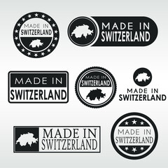 Stamps of Made in Switzerland Set. Swiss Product Emblem Design. Export Vector Map.