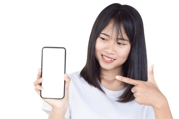 Woman hand holding smartphone mobile and touching screen isolated on white background