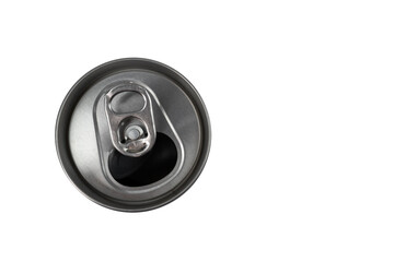 Top view opened aluminum can on white background and copy space.