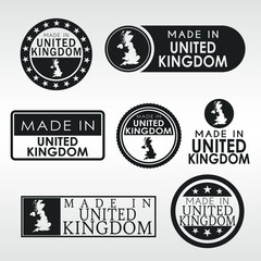 Stamps of Made in United Kingdom Set. Product Emblem Design. Export Vector Map.