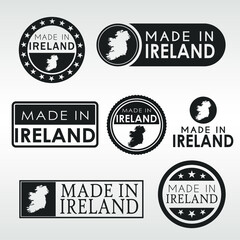 Stamps of Made in Ireland Set. Irish Product Emblem Design. Export Vector Map.
