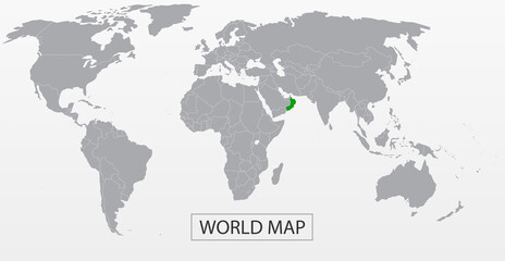 Political Vector Map of the world with clear borders with green highlighted Oman. Each country is isolated and selectable. Suitable for reports, statistics, infographics, templates.