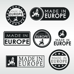 Stamps of Made in Europe Set. European Product Emblem Design. Export Vector Map.