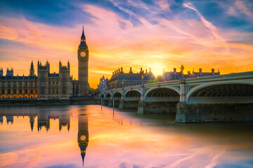 Big Ben famous landmark of London at sunset. England