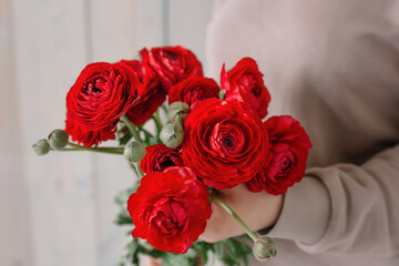 Gorgeous flowers peonies in the hands of a girl for weddings and other holidays
