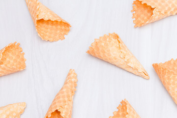 Waffle ice cream homemade cones pattern. Sweet, summer concept. Flat lay.