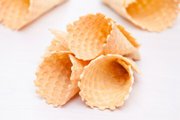 Waffle ice cream homemade cones. Sweet, summer concept, copy space.