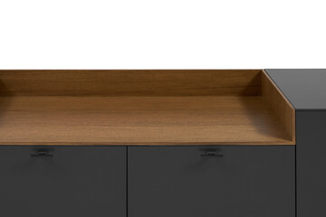 Modern minimalist TV stand graphite color with a decorative insert made of natural wood on a white background