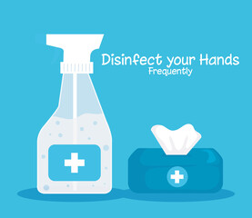 coronavirus protection, bottle disinfectant in spray with box tissue, protect covid 19 vector illustration design