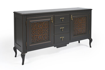 Vintage wooden chest of drawers anthracite color in classic style with carved elements on curved legs on a white background