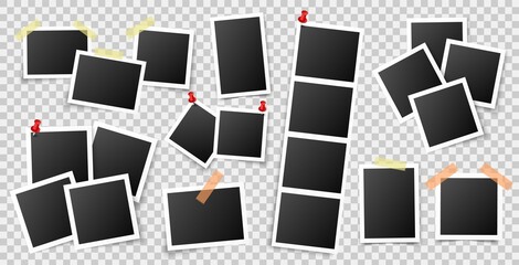 Photo frame picture on wall. Scrapbook alboom image. Vector vintage photo instant set with pin and sticky
