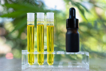 Science tube containing hemp oil Experimental concepts from alternative medicine science, medicine,...