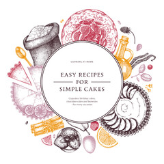 Cake cooking process wreath. Hand-drawn baking cakes, pies, dough, kitchen stuff, ingredients design.Home-cooked baking cakes illustration. 