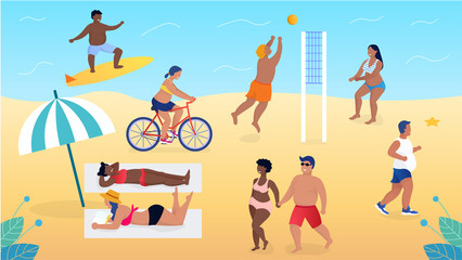 Overweight beautiful people relaxing on the beach without complexes Play volleyball Lovers walking. Reading books They accept themselves as they are and live fully Flat Cartoon Vector Illustration