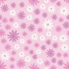 Naklejka na ściany i meble Hand drawn cute daisies flowers seamless pattern on pink background. Doodle style. Baby floral endless wallpaper.