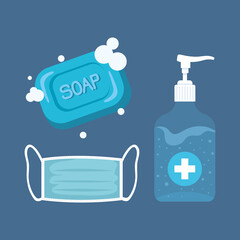 hand sanitizer pump bottle, with soap and medical mask, protect from covid 19 vector illustration design
