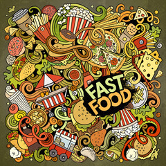 Naklejka premium Fastfood hand drawn vector doodles illustration. Fast food poster design.