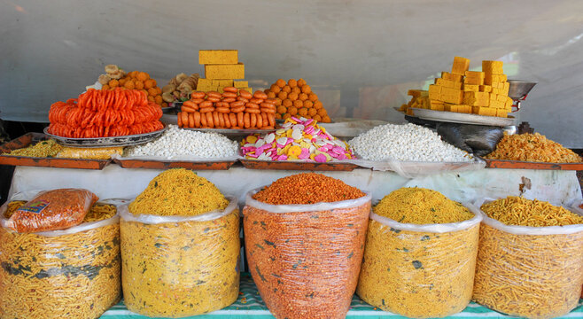 Traditional Indian chat food consisting of Sweet and Spicy dishes sold across the streets in Karnataka state / India.