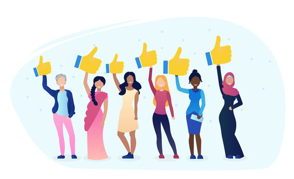 Diverse women hold like. Women give feedback. Business rating review. Rank rating thumb up feedback. Business suport. Your Client concept. Female best choice. Flat Cartoon Vector Illustration.