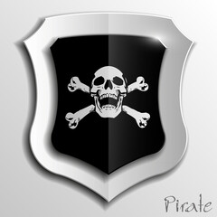 Skull and crossbones icon on shield background