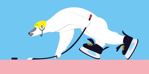 White bear playing ice hockey. Hockey Stick and Puck. Funny sports card. Trendy vector cartoon flat illustration.