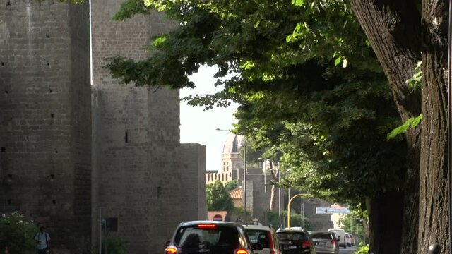 Timelapse of Cars running near medieval walls of Viterbo FDV