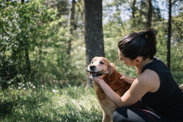 Cute dog eating wood crust while standing in nature. Side view of girl squatting in forest and playing with her dog who is having wood bark in the mouth.