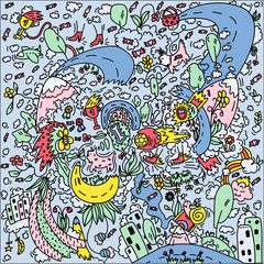 Hand-drawn illustration of a walk. A conceptual image of life after the epidemic, outside the home, walking Pets in parks and on the street. An illustration drawn in the Doodle style. Time spent in