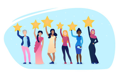Women give review rating and feedback. Women choose and recommend. Customer choice. Know your client concept. Rank rating stars feedback. Business feedback support. Flat Cartoon Vector Illustration