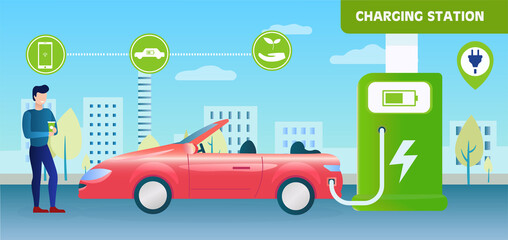 A man charges his red car at a charging station. A man is worried about ecology. Electric vehicle. Rapid energy recovery. Eco technology. Responsibility for the environment. Flat Vector Illustration
