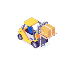 Isometric warehouse forklift pallet box and machine. Truck delivery and transportaion industry vector illustration