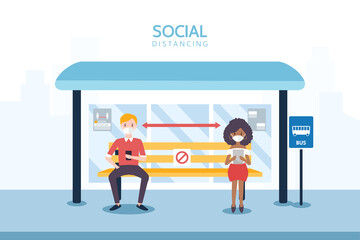 Social distancing concept illustration showing people at a bus station