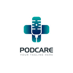 podcare logo, greative cross health and negative space mic vector