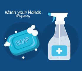 soap bar with foam, bottle disinfectant, prevent covid 19 vector illustration design