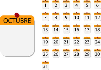 All days of october. Spanish. Octubre. Calendar page. No year. Date.