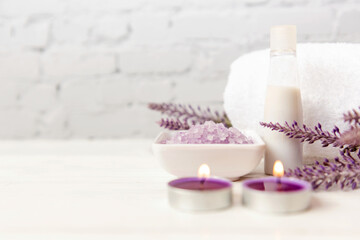 Spa beauty massage health wellness background. Spa Thai therapy treatment aromatherapy for body woman with lavender flower nature candle for relax and summer time. Copy space. Lifestyle Health Concept