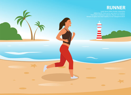 Girl in red sportswear running on the beach. Around palm trees, sand, water, lighthouse. Healthy Lifestyle. Jogging, relaxing. Vector illustration in flat cartoon style. Can be poster, banner, sticker