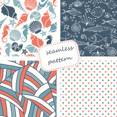 Obraz premium Set of vintage seamless colorful patterns in marine style. Hand drawn. Vector illustration for ceramic tile, wallpaper, textile, invitation, greeting card, web page background